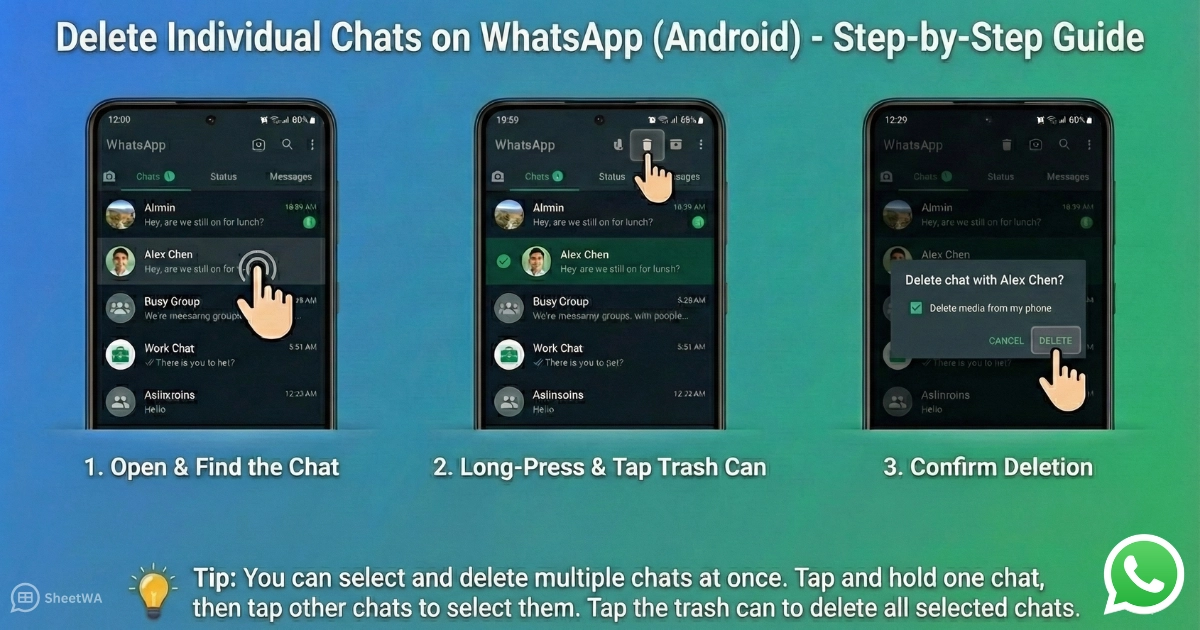 Delete Chat on WhatsApp android by SheetWA