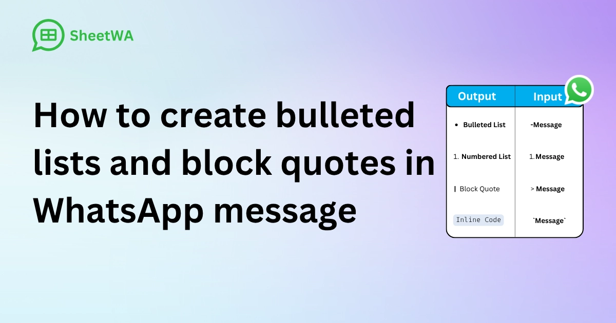 How to create bulleted lists and block quotes in WhatsApp message by SheetWA