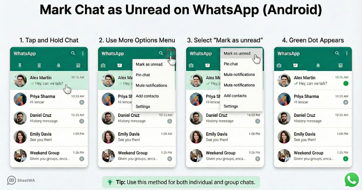 Mark chat as unread on WhatsApp Android by SheetWA