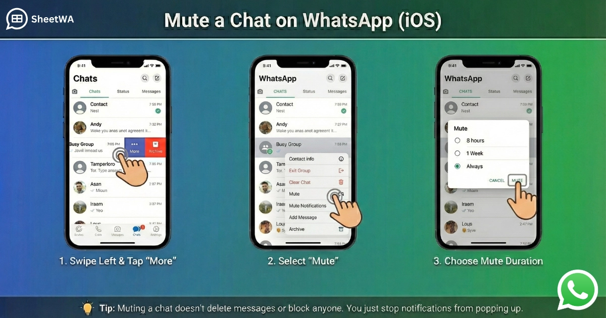 Mute Chat on WhatsApp IOS by SheetWA