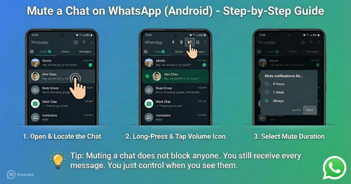 Mute Chat on WhatsApp android by SheetWA