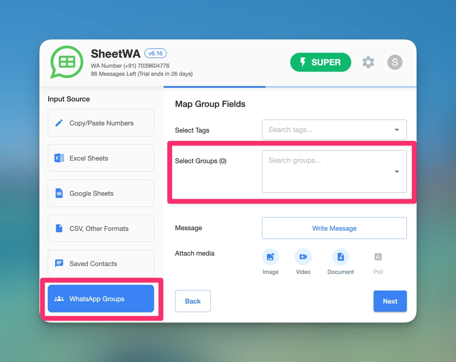 Send messages to multiple groups by SheetWA