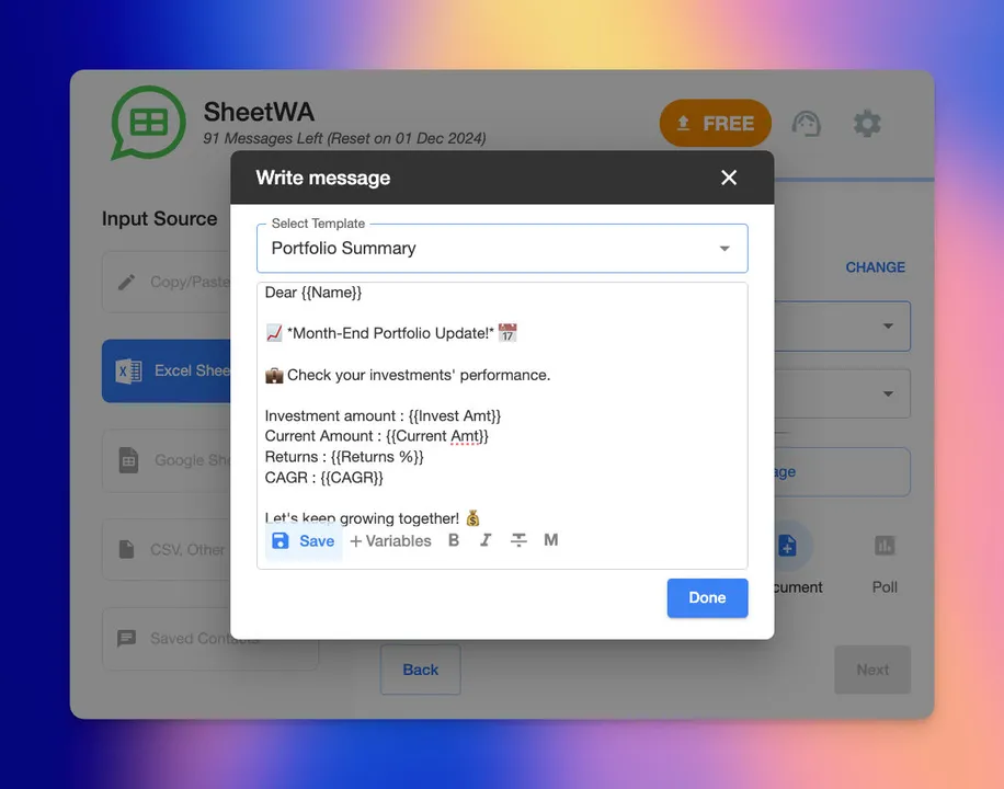 excel create message1