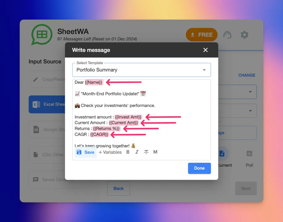excel create message3
