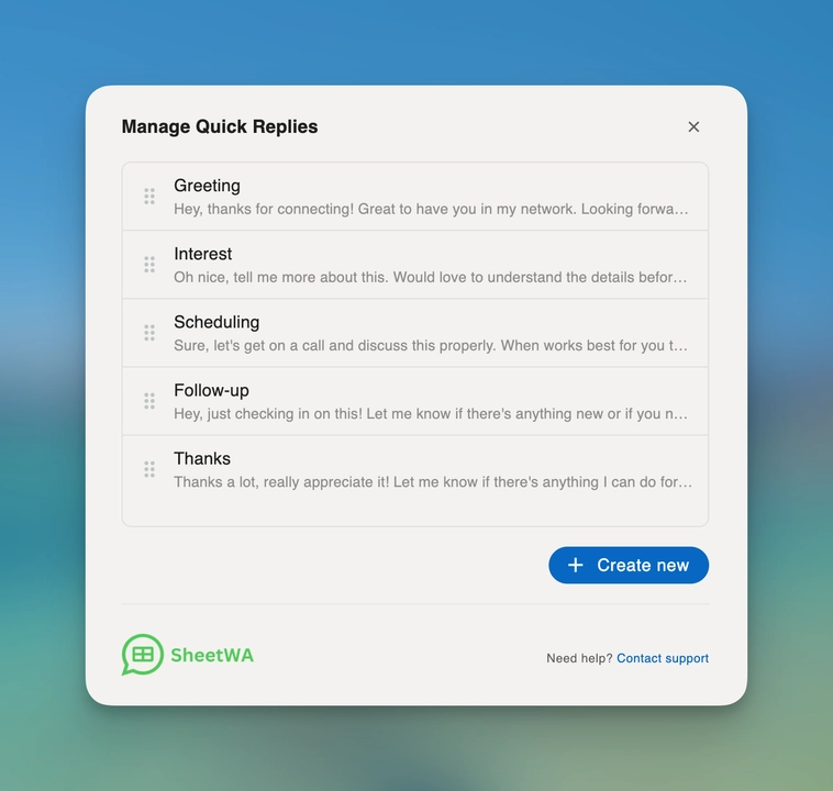manage linkedin quick replies by SheetWA