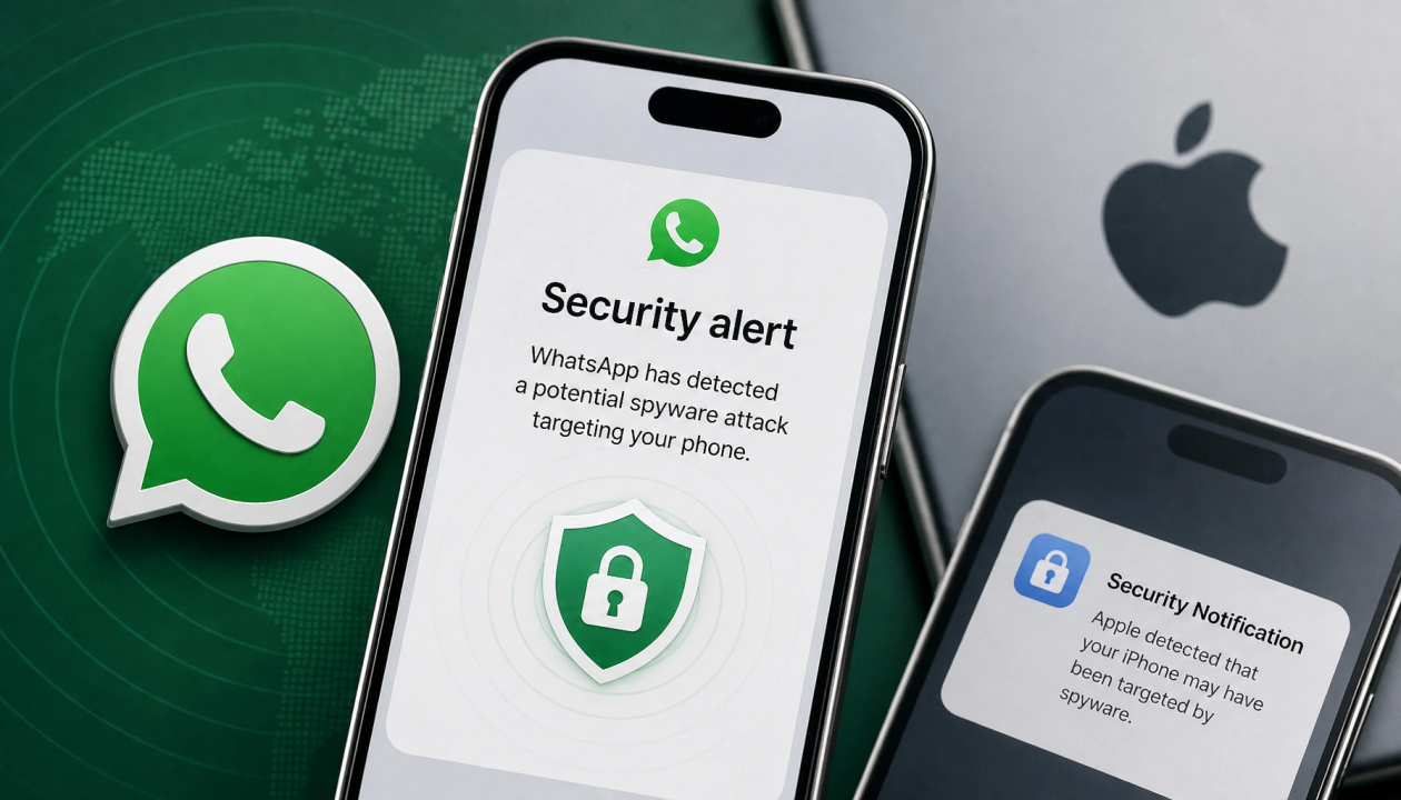Editorial image representing WhatsApp anti-spyware notifications through service and device cues.