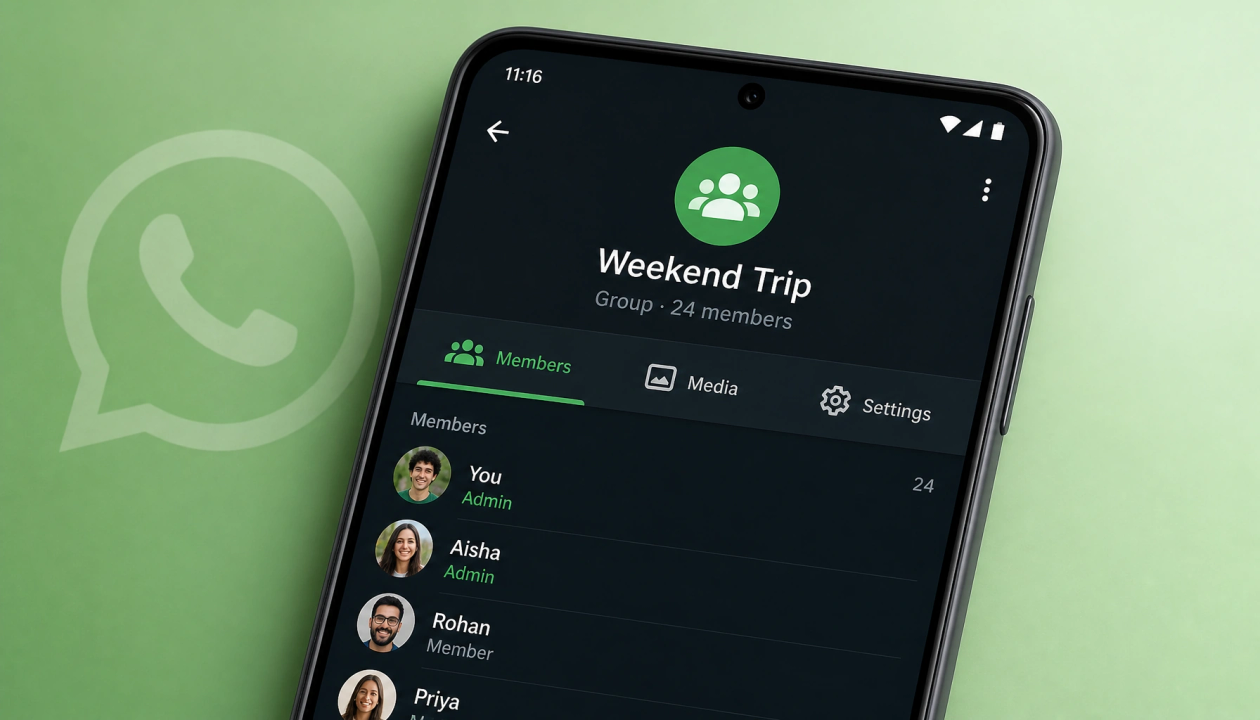 Editorial closeup of a product interface representing WhatsApp beta group info navigation.