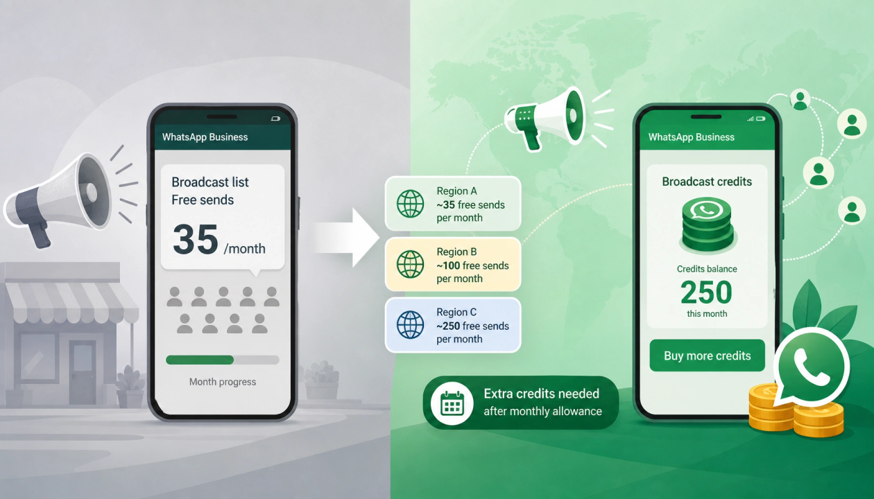 Editorial before-and-after style image representing WhatsApp broadcast list paid limits.