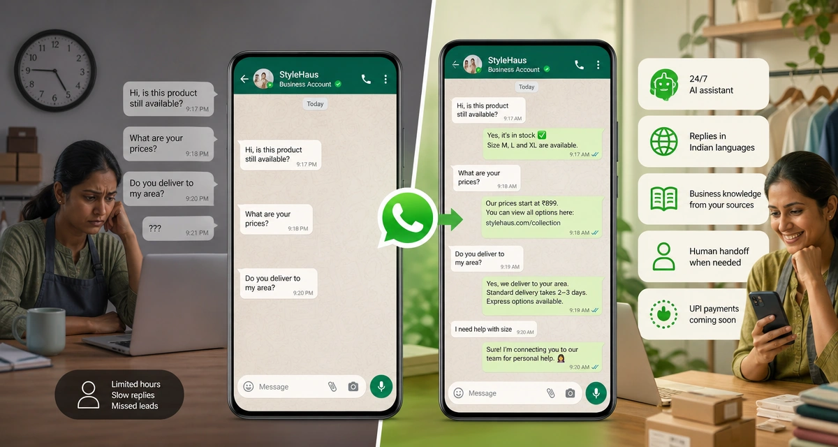 Editorial before-and-after style image representing WhatsApp Business AI launch in India.