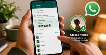 Editorial image of a person using a device for WhatsApp Close Friends status list.
