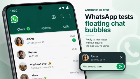 WhatsApp is testing an Android interface update with a logo-only top bar and floating chat bubbles for faster replies