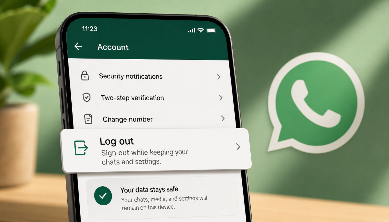 Editorial closeup of a product interface representing WhatsApp logout without data loss.