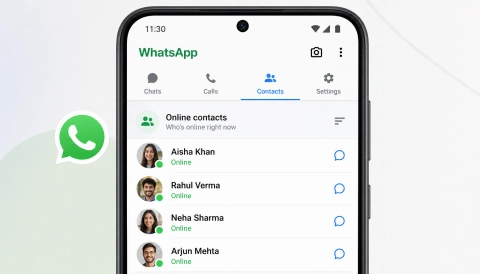 A WhatsApp-style Android interface showing a Contacts hub with a list of contacts marked online.