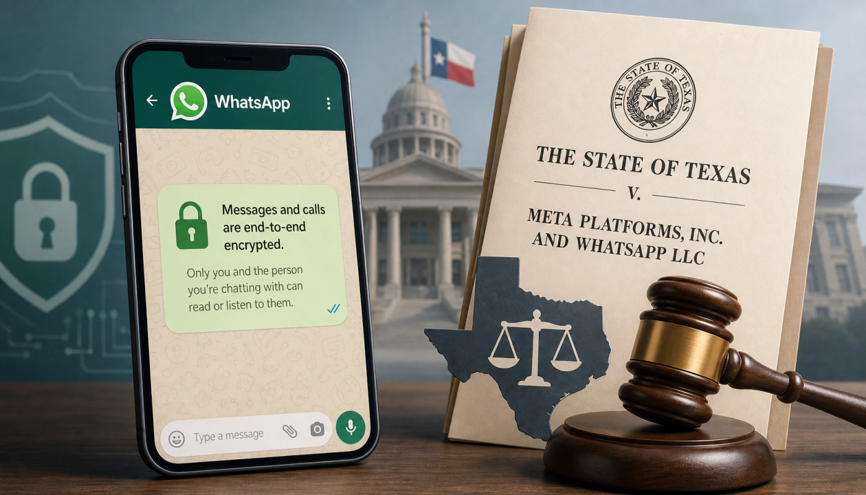 An editorial illustration showing a messaging app screen with a legal document and gavel beside it, suggesting a privacy lawsuit in Texas.