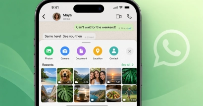 Editorial closeup of a product interface representing WhatsApp redesigned media share sheet on iOS.