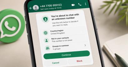 A WhatsApp-style chat screen showing a pre-chat warning for an unknown number with options to continue, cancel, or block.