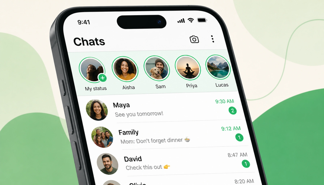Editorial closeup of a product interface representing WhatsApp Status in chats tab.