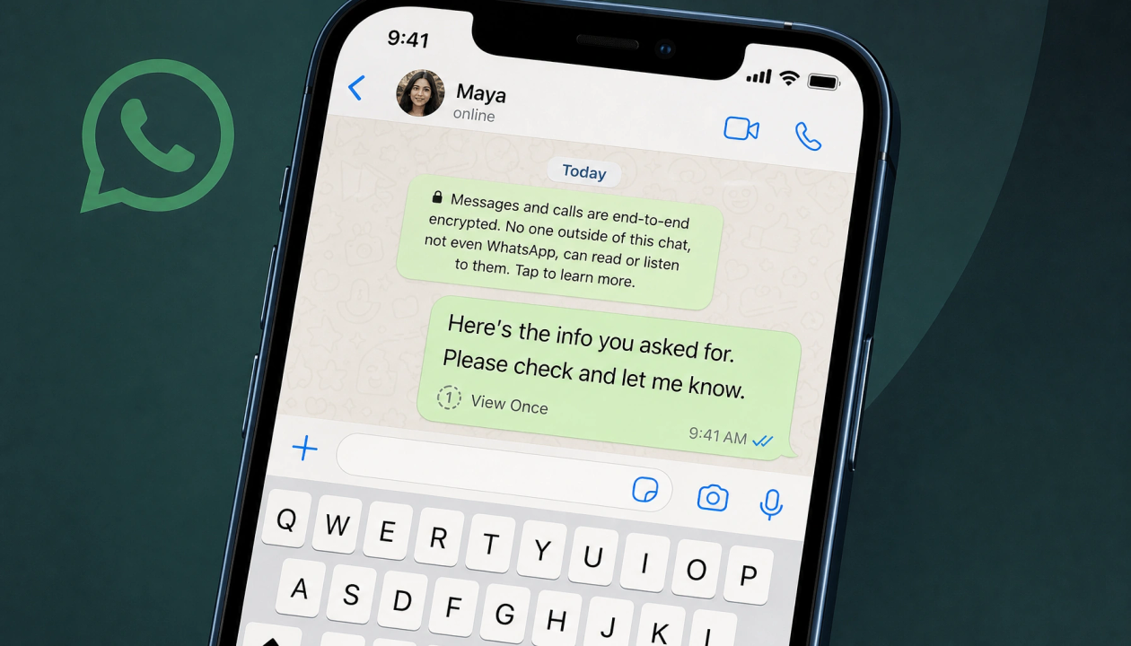 An iPhone showing a WhatsApp chat screen with a text message set to View Once.