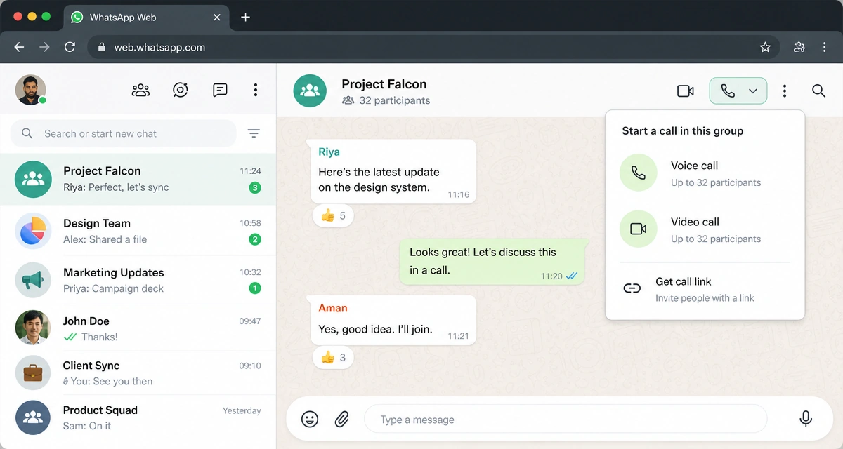 A desktop browser view of WhatsApp Web showing a group chat with call controls for voice and video calls.