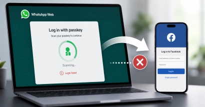Editorial image representing WhatsApp Web redirected to Facebook login through service and device cues.