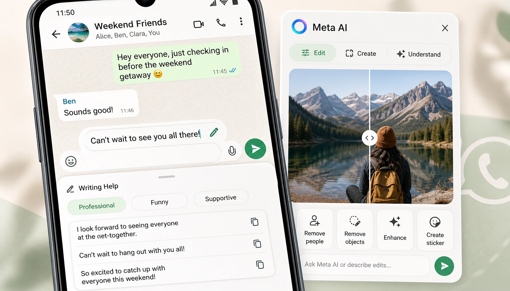 Editorial illustration of a chat interface showing an AI rewrite pencil icon next to a draft message and a photo editing panel beside it.