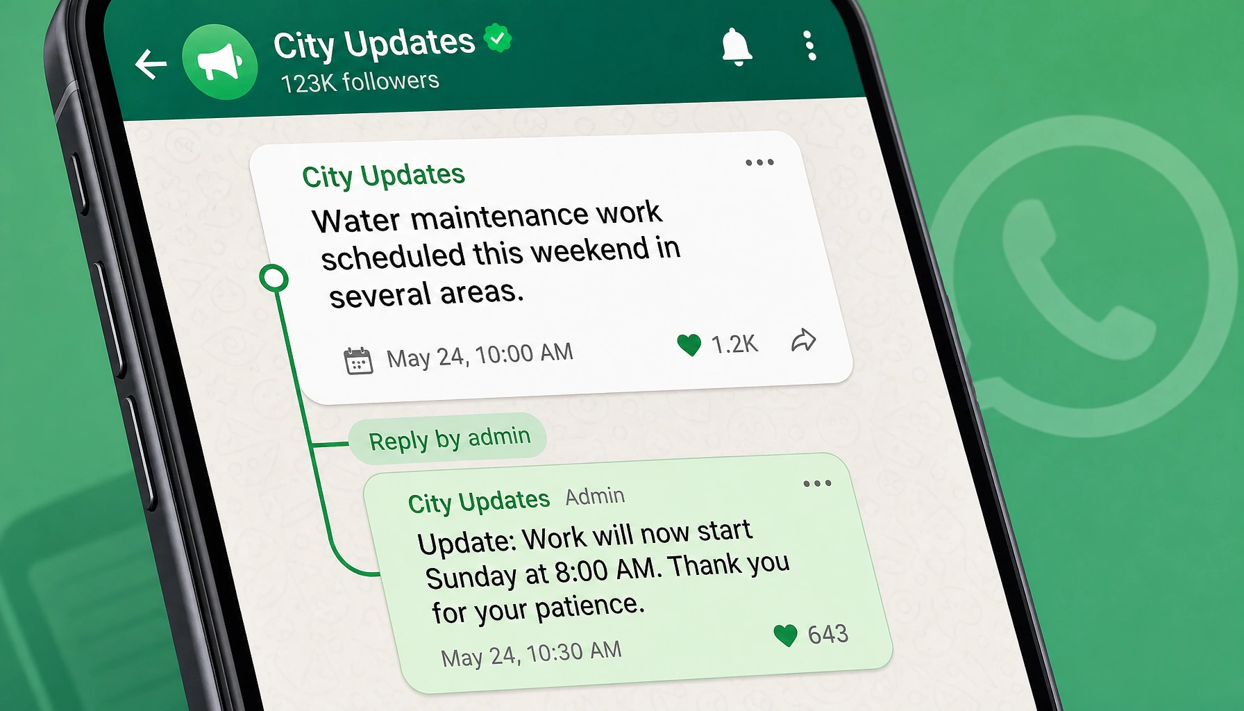 A WhatsApp-style channel screen showing a post with a linked admin reply beneath it.