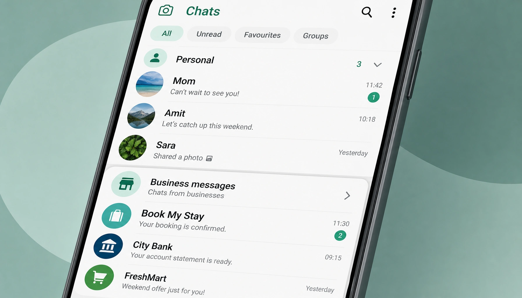 Editorial closeup of a product interface representing WhatsApp business messages separate section.